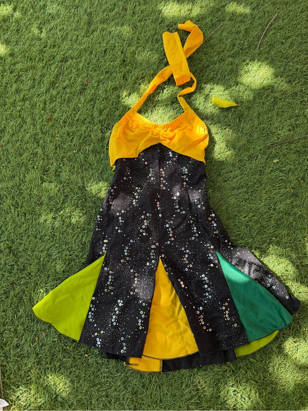 Yellow & Black Sequin Halter Kids One-Piece Dress